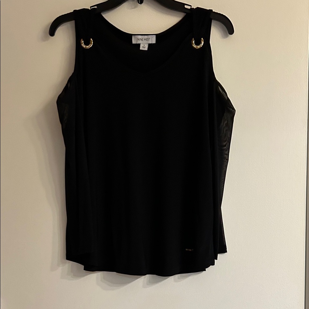 Nine West Black cold-Shoulder Top with Gold Ring Accents